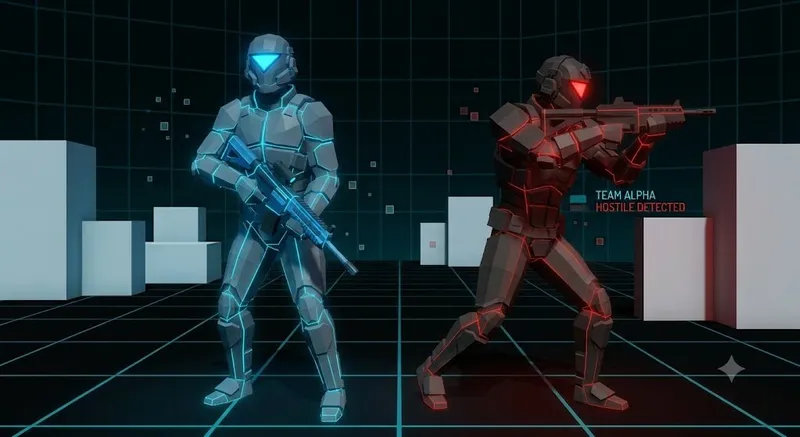 Concept art of a blue team soldier and a red hostile soldier on a grid floor