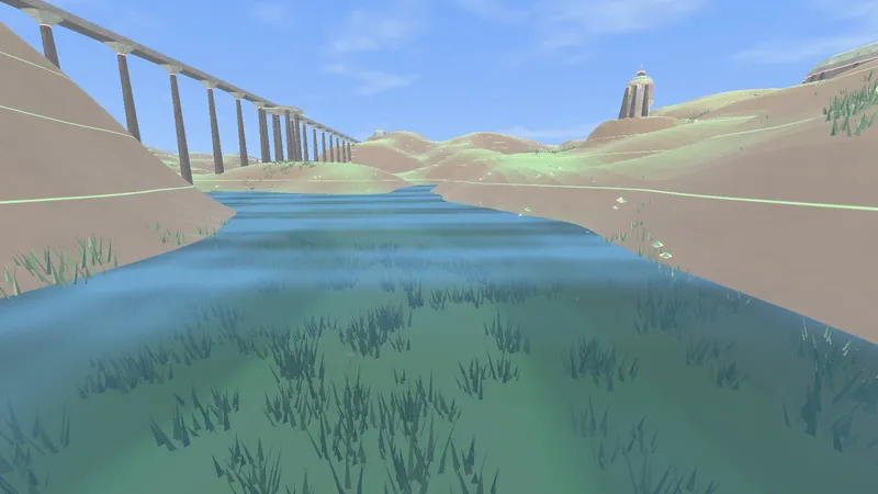 A blue river running through a grassy valley, with a long bridge in the distance