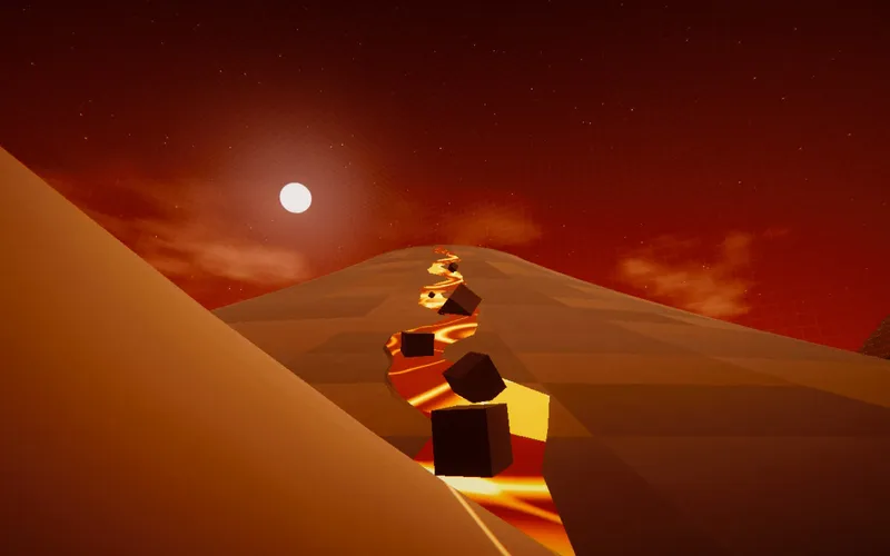 A glowing lava river running down a red volcanic slope