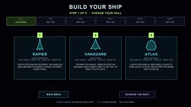 A ship selection screen showing three hulls