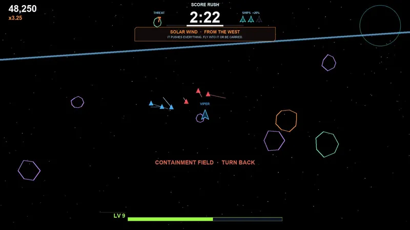 A small ship flying through a field of glowing wireframe asteroids