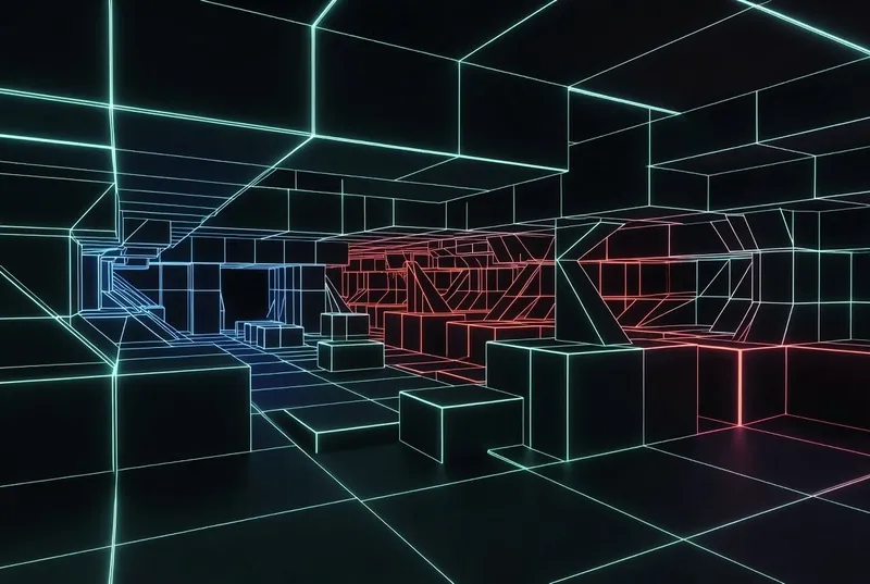 Concept art of a wireframe arena drawn in glowing cyan lines