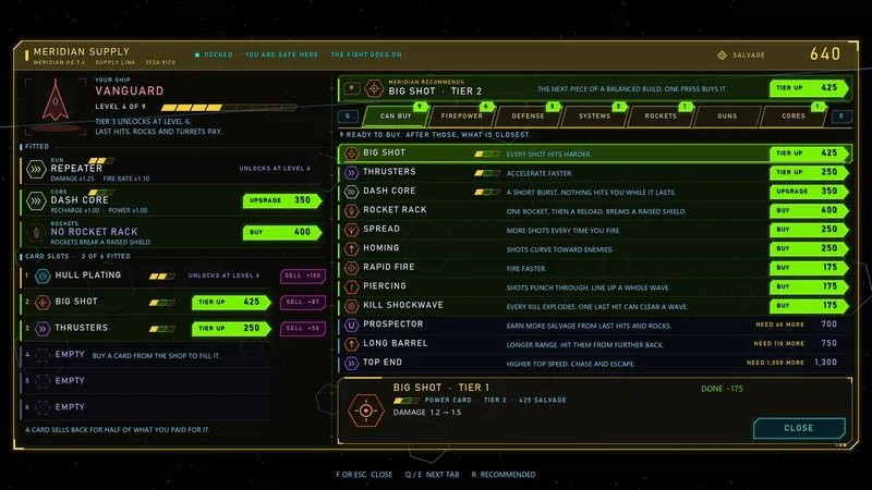 A hangar screen with ship upgrades to buy