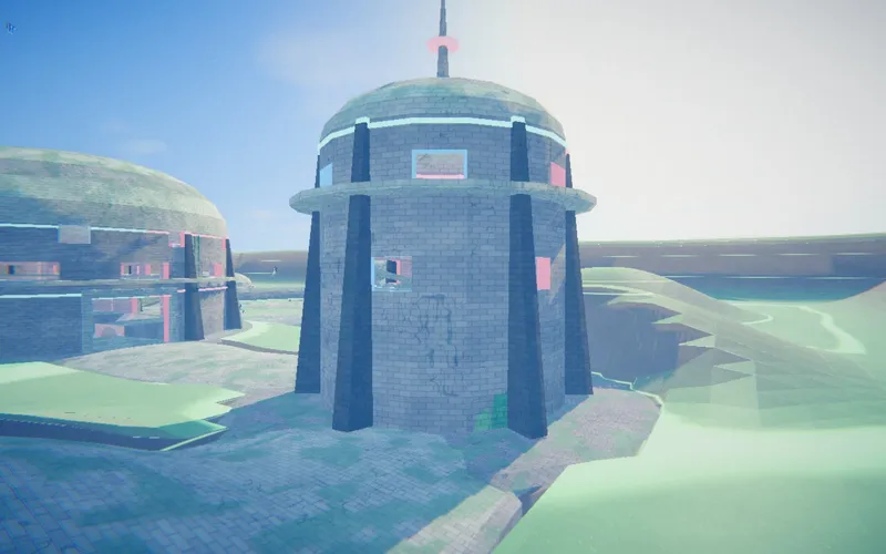 A domed stone tower beside a low bunker on green ground