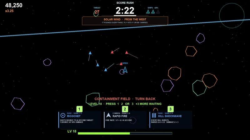 A ship in an asteroid field with a score and timer at the top of the screen