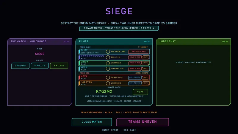 A lobby for the SIEGE team mode with two teams of pilots