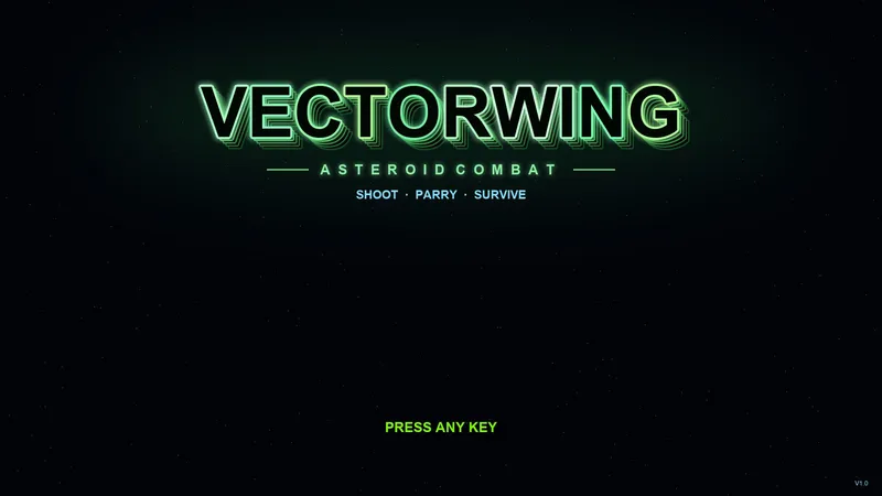 The Vectorwing title screen, with a glowing green wireframe logo above the words Asteroid Combat