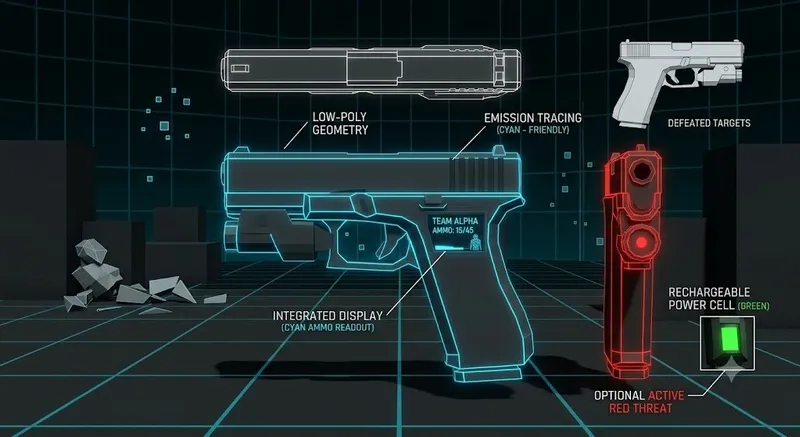 Concept art of a pistol with glowing outlines and a display on the slide