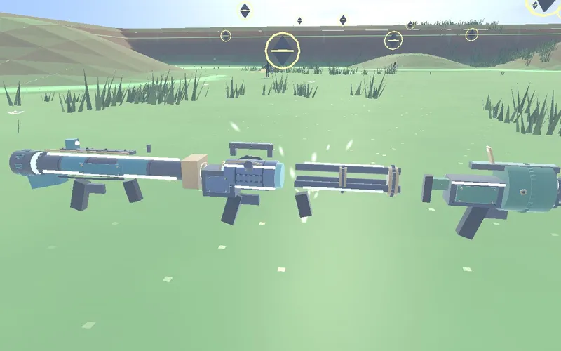 Three blocky weapons laid out on grass